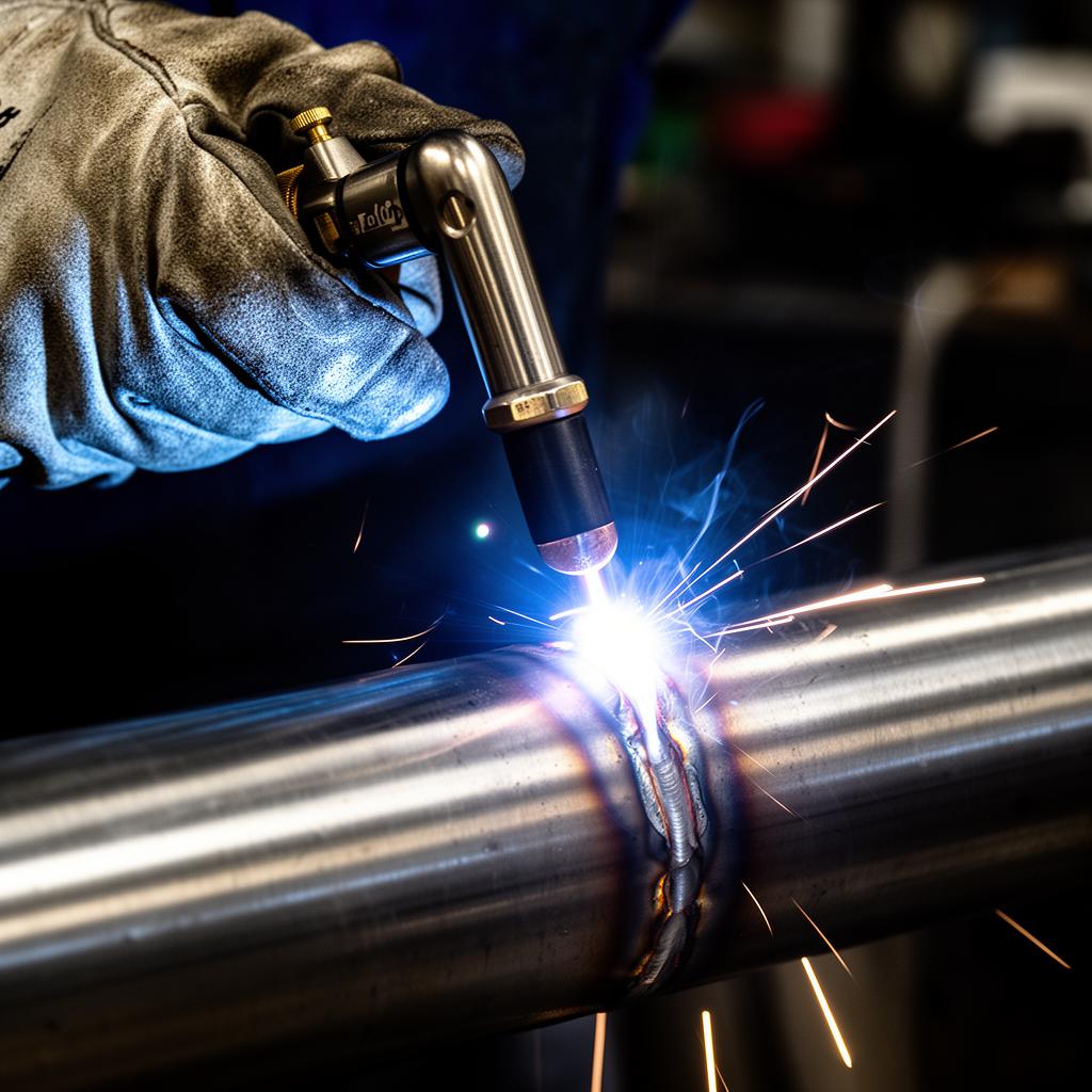 TIG welding a stainless steel pipe with a bright arc