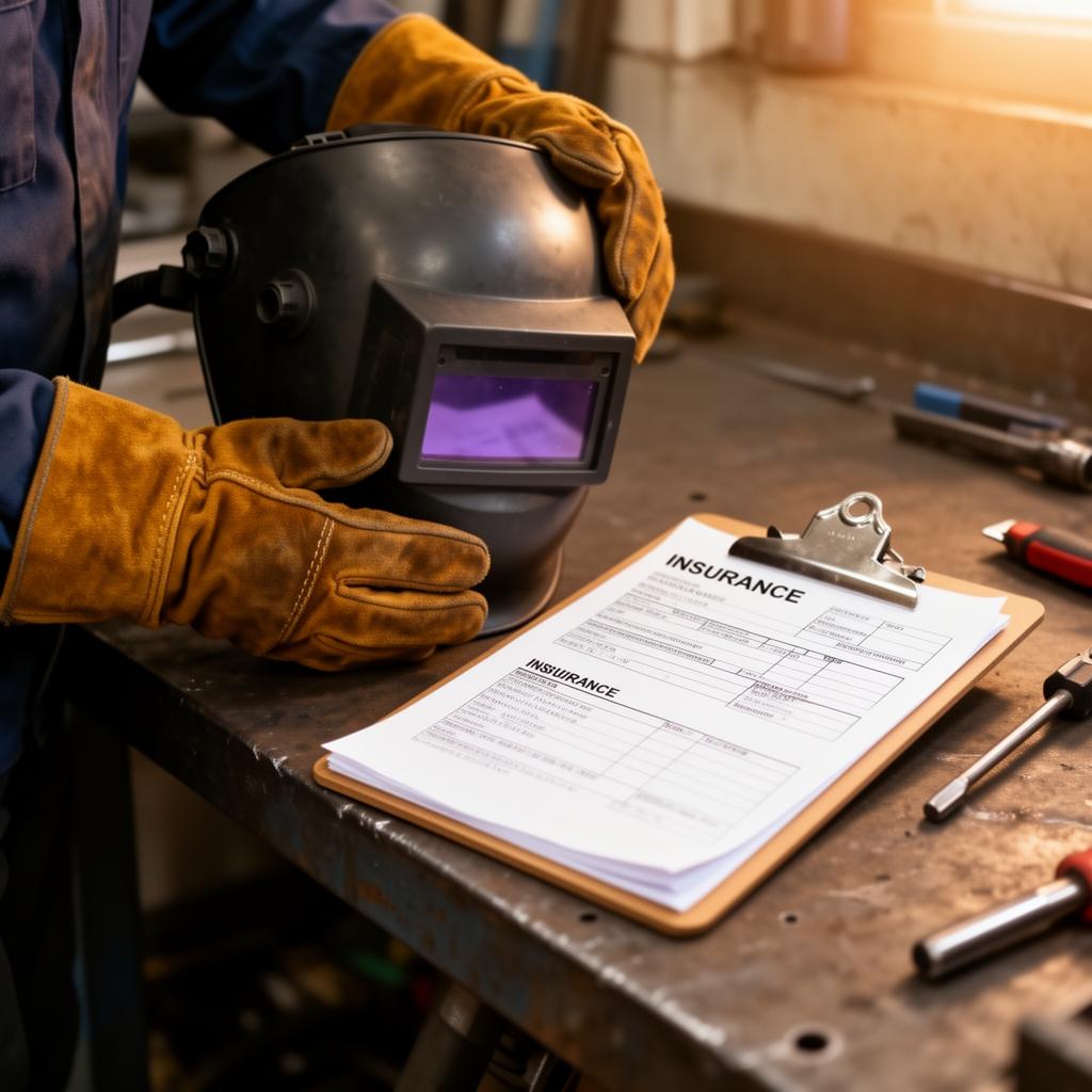 A welder reviewing insurance paperwork on the workbench