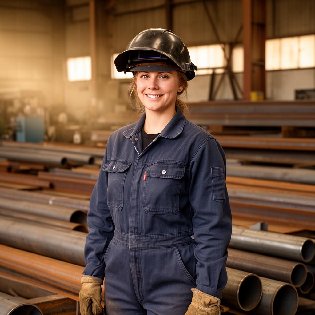A confident welder standing in a fabrication workshop